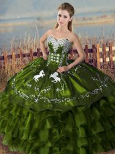 Dramatic Olive Green Ball Gowns Sweetheart Sleeveless Satin Floor Length Lace Up Embroidery and Ruffles Sweet 16 Quinceanera Dress