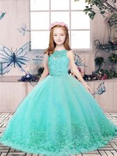  Floor Length Aqua Blue Little Girls Pageant Gowns Tulle Sleeveless Lace and Appliques
