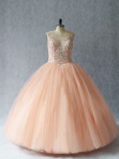 Extravagant Tulle Sleeveless Floor Length Quinceanera Gowns and Beading
