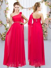 Romantic Red Sleeveless Beading and Hand Made Flower Floor Length Court Dresses for Sweet 16