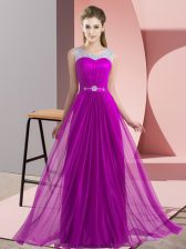  Purple Empire Chiffon Scoop Sleeveless Beading Floor Length Lace Up Dama Dress for Quinceanera