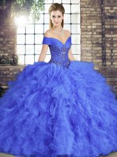  Floor Length Lace Up Sweet 16 Quinceanera Dress Blue for Military Ball and Sweet 16 and Quinceanera with Beading and Ruffles