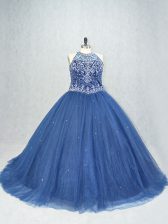  Navy Blue Sleeveless Brush Train Beading Sweet 16 Quinceanera Dress