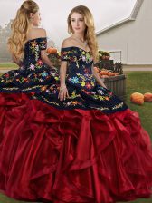  Red And Black Lace Up Ball Gown Prom Dress Embroidery and Ruffles Sleeveless Floor Length