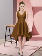  Brown V-neck Neckline Lace Vestidos de Damas Sleeveless Zipper
