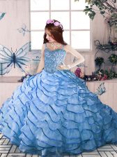  Blue Ball Gowns Straps Sleeveless Organza Floor Length Court Train Lace Up Beading and Ruffled Layers Kids Formal Wear