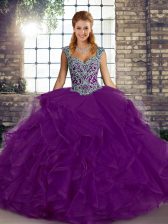 Discount Purple 15th Birthday Dress Military Ball and Sweet 16 and Quinceanera with Beading and Ruffles Straps Sleeveless Lace Up