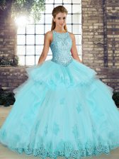  Scoop Sleeveless Tulle Ball Gown Prom Dress Lace and Embroidery and Ruffles Lace Up