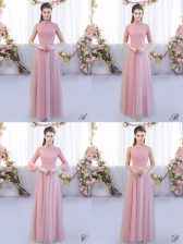  Pink High-neck Neckline Lace Quinceanera Court of Honor Dress Cap Sleeves Zipper
