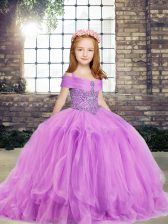 Most Popular Lilac Ball Gowns Straps Sleeveless Tulle Floor Length Side Zipper Beading Girls Pageant Dresses