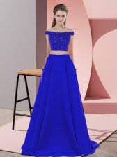 Cheap Blue Elastic Woven Satin Backless Off The Shoulder Sleeveless Dress for Prom Sweep Train Beading