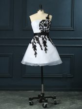 Chic White A-line One Shoulder Sleeveless Organza Mini Length Lace Up Lace and Appliques Prom Dresses