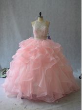 Dramatic Peach Two Pieces Halter Top Sleeveless Organza Backless Beading and Ruffles Sweet 16 Dress