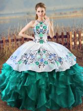 Elegant Floor Length Turquoise Ball Gown Prom Dress Organza Sleeveless Embroidery and Ruffles