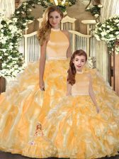  Sleeveless Backless Floor Length Beading and Ruffles Quinceanera Gowns