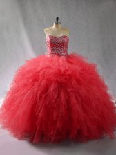 Cute Sleeveless Tulle Floor Length Lace Up Sweet 16 Dress in Wine Red with Beading and Ruffles