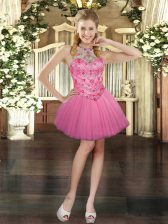  Pink Tulle Lace Up Prom Gown Sleeveless Mini Length Beading