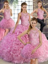  Rose Pink Fabric With Rolling Flowers Lace Up Sweet 16 Quinceanera Dress Sleeveless Floor Length Beading