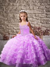  Lavender Ball Gowns Organza Straps Sleeveless Beading and Ruffled Layers Lace Up Kids Formal Wear Brush Train