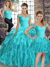 Decent Sleeveless Beading and Ruffles Lace Up Sweet 16 Quinceanera Dress with Aqua Blue Brush Train