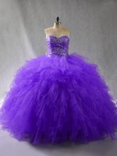 Custom Design Sweetheart Sleeveless Quince Ball Gowns Floor Length Beading and Ruffles Purple Tulle