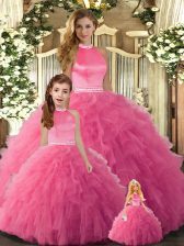Amazing Halter Top Sleeveless Backless 15th Birthday Dress Hot Pink Tulle