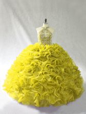 Best Halter Top Sleeveless Brush Train Lace Up Quinceanera Dresses Olive Green Organza