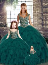  Floor Length Lace Up Sweet 16 Dresses Peacock Green for Military Ball and Sweet 16 and Quinceanera with Beading and Ruffles