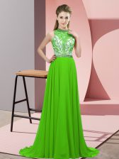Luxurious Prom Dress Prom and Party with Beading Halter Top Sleeveless Brush Train Backless