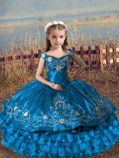 Super Floor Length Blue Pageant Dress for Teens Off The Shoulder Sleeveless Lace Up