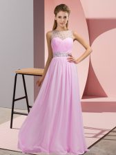  Pink Empire Beading Prom Party Dress Backless Chiffon Sleeveless Floor Length