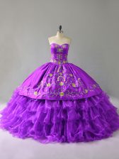 Dazzling Floor Length Purple Quinceanera Dresses Organza Sleeveless Embroidery and Ruffles
