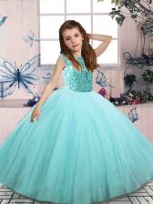  Beading Kids Pageant Dress Aqua Blue Lace Up Sleeveless Floor Length