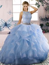  Beading and Ruffles Quince Ball Gowns Blue Zipper Sleeveless Floor Length