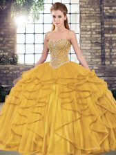Captivating Sweetheart Sleeveless Sweet 16 Dresses Floor Length Beading and Ruffles Gold Tulle