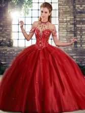  Wine Red Lace Up Ball Gown Prom Dress Beading Sleeveless Brush Train