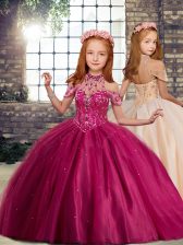  Fuchsia Sleeveless Beading Floor Length Winning Pageant Gowns