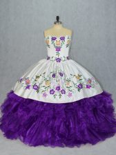 Great Floor Length Ball Gowns Sleeveless White And Purple Quince Ball Gowns Lace Up
