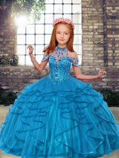 Excellent Ball Gowns Kids Pageant Dress Teal High-neck Tulle Sleeveless Floor Length Lace Up