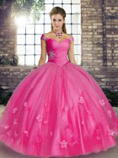 Perfect Off The Shoulder Sleeveless Lace Up Sweet 16 Dresses Hot Pink Tulle