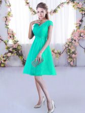  Turquoise Lace Up V-neck Ruching Vestidos de Damas Lace Cap Sleeves
