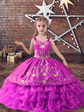 Fashion Lilac Ball Gowns Satin and Organza Straps Sleeveless Embroidery and Ruffled Layers Floor Length Lace Up Girls Pageant Dresses