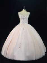 Delicate Floor Length Pink Sweet 16 Dresses V-neck Sleeveless Lace Up