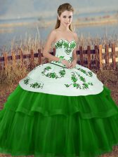 High End Sweetheart Sleeveless Quinceanera Gown Floor Length Embroidery and Bowknot Green Tulle