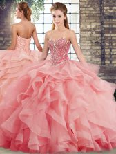  Lace Up Quince Ball Gowns Watermelon Red for Military Ball and Sweet 16 and Quinceanera with Beading and Ruffles Brush Train