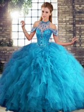 Cheap Halter Top Sleeveless Tulle Quince Ball Gowns Beading and Ruffles Lace Up