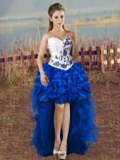 On Sale Blue And White A-line Organza Sweetheart Sleeveless Embroidery High Low Lace Up Homecoming Dress