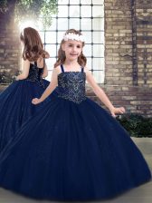  Straps Sleeveless High School Pageant Dress Floor Length Beading Navy Blue Tulle