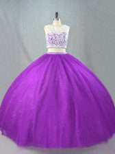 New Arrival Purple Two Pieces Scoop Sleeveless Tulle Floor Length Zipper Beading Vestidos de Quinceanera