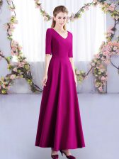 Delicate V-neck Half Sleeves Satin Quinceanera Dama Dress Ruching Zipper